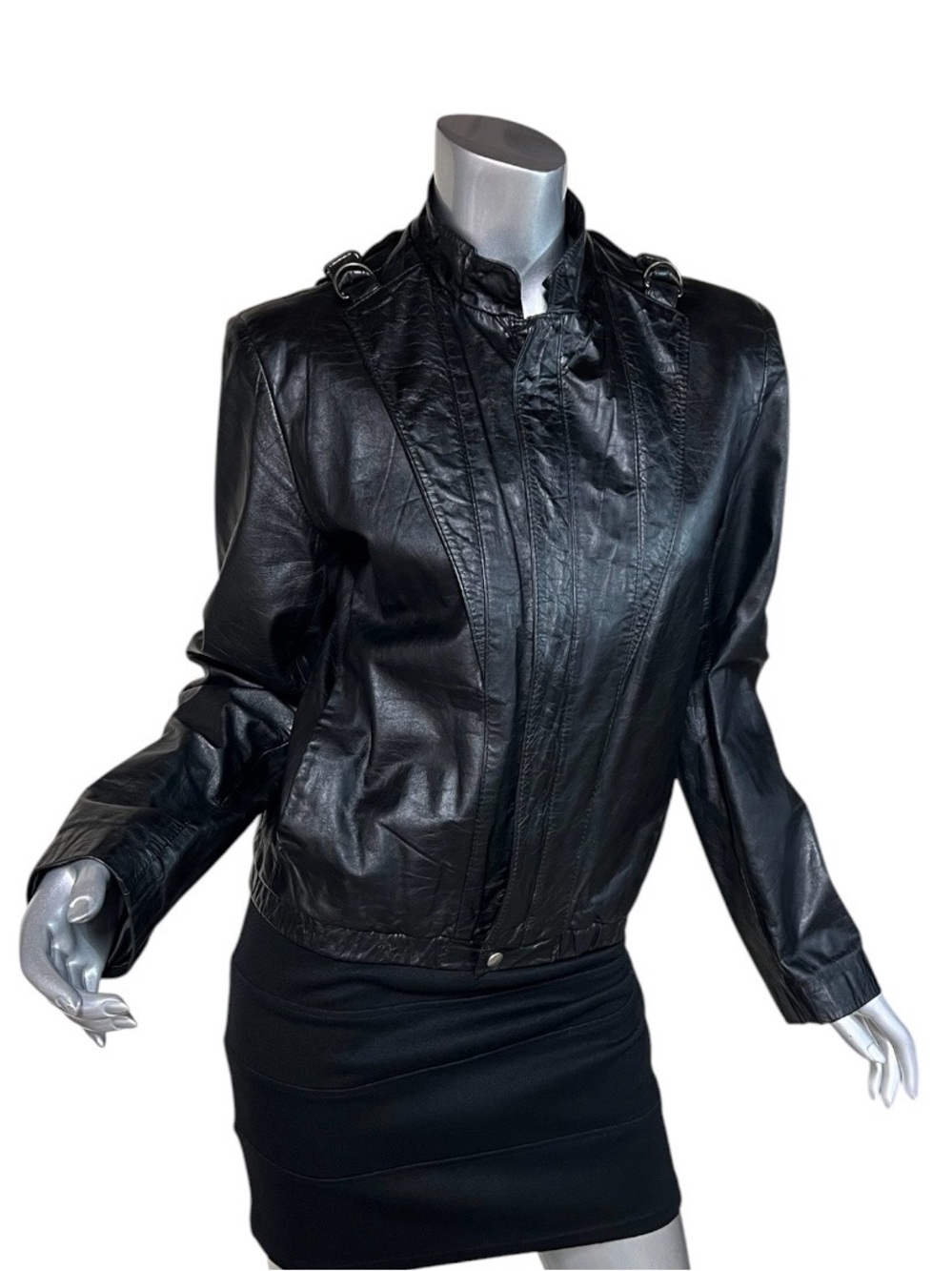 Vintage Casablanca Black Leather Bomber Jacket Coat Buckle Details Women’s 36